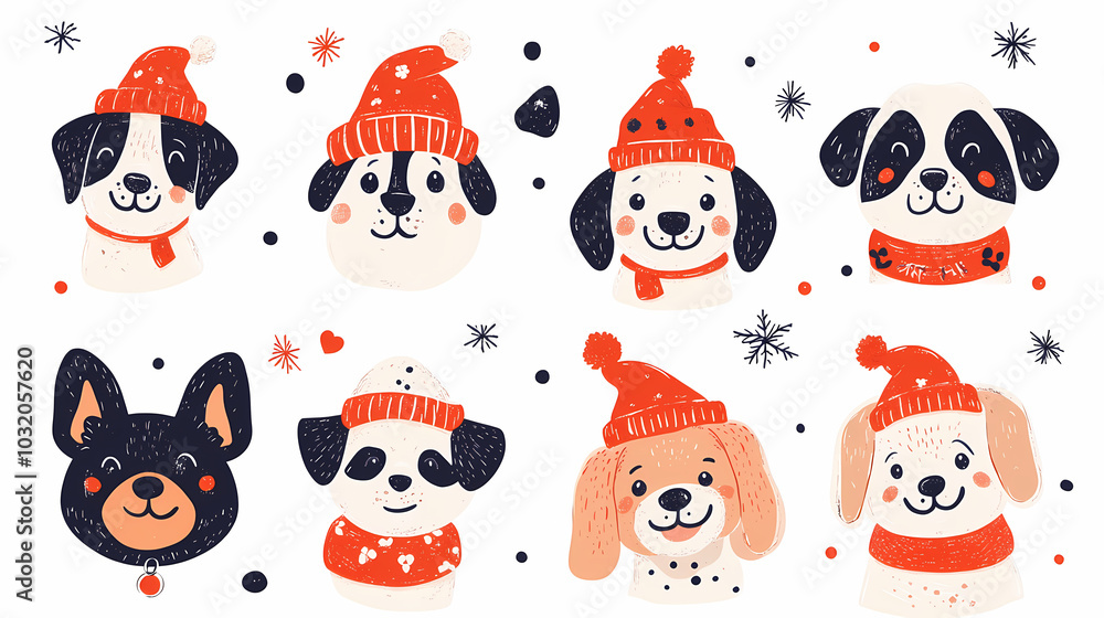 Vector set of cute and smiling dog doodles. Dog faces with flat colors, bows, christmas hats, scarfs, dalmatian, pug, poodle, and beagle on white background. Sticker, comic, and print design. Vector set of cute and smiling dog doodles. Dog faces with flat colors, bows, christmas hats, scarfs, dalmatian, pug, poodle, and beagle on white background. Sticker, comic, and print design.