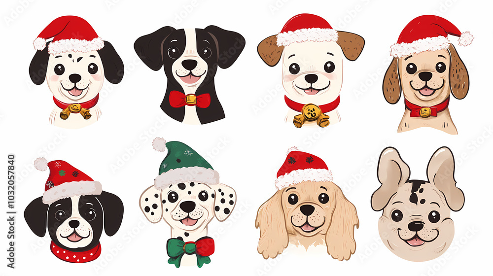 Obraz premium Vector set of cute and smiling dog doodles. Dog faces with flat colors, bows, christmas hats, scarfs, dalmatian, pug, poodle, and beagle on white background. Sticker, comic, and print design.