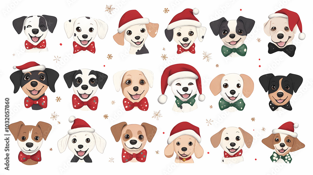 Vector set of cute and smiling dog doodles. Dog faces with flat colors, bows, christmas hats, scarfs, dalmatian, pug, poodle, and beagle on white background. Sticker, comic, and print design. Vector set of cute and smiling dog doodles. Dog faces with flat colors, bows, christmas hats, scarfs, dalmatian, pug, poodle, and beagle on white background. Sticker, comic, and print design.