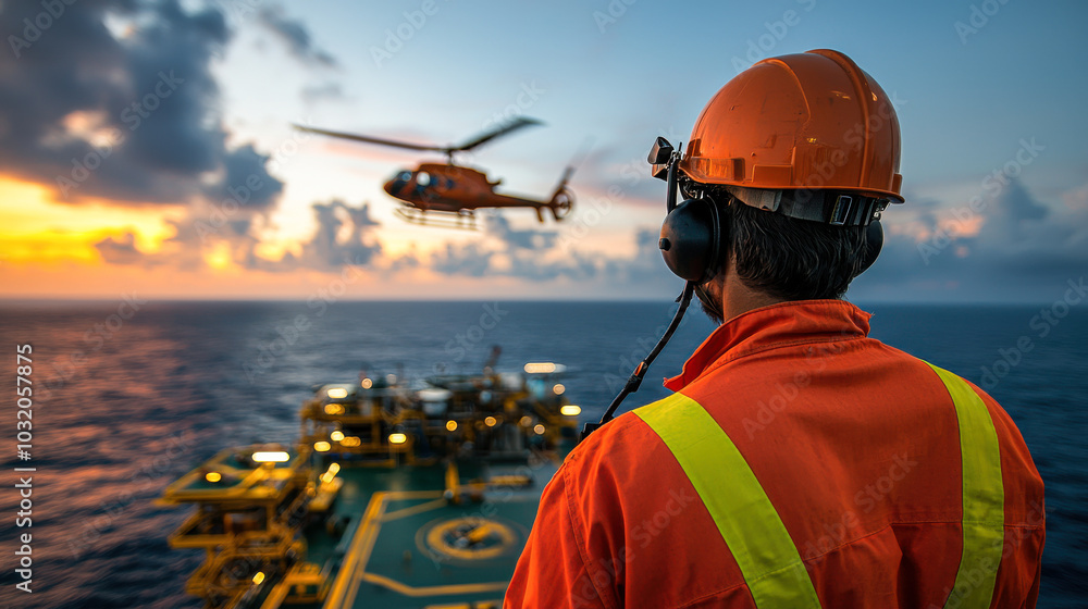 Offshore technician observes helicopter approaching during sunset, showcasing dynamic environment of maritime operations. scene captures blend of technology and nature Offshore technician observes helicopter approaching during sunset, showcasing dynamic environment of maritime operations. scene captures blend of technology and nature
