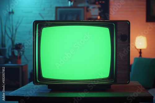 Vintage TV with green screen. Mock up. Chroma key display. Generative Ai
