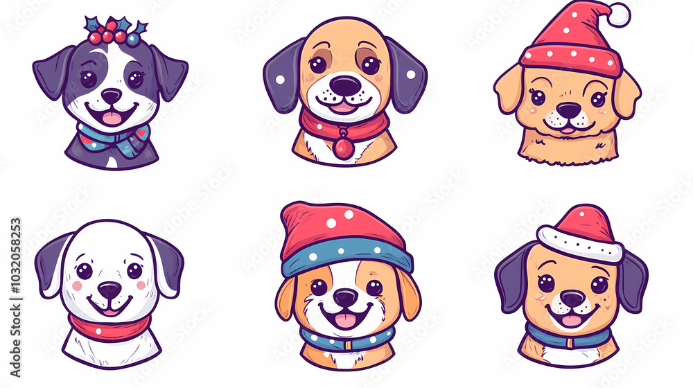 Fototapeta premium Vector set of cute and smiling dog doodles. Dog faces with flat colors, bows, christmas hats, scarfs, dalmatian, pug, poodle, and beagle on white background. Sticker, comic, and print design.