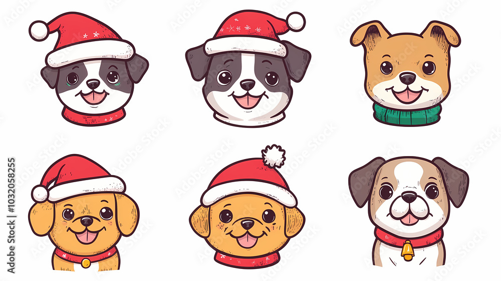 Obraz premium Vector set of cute and smiling dog doodles. Dog faces with flat colors, bows, christmas hats, scarfs, dalmatian, pug, poodle, and beagle on white background. Sticker, comic, and print design.