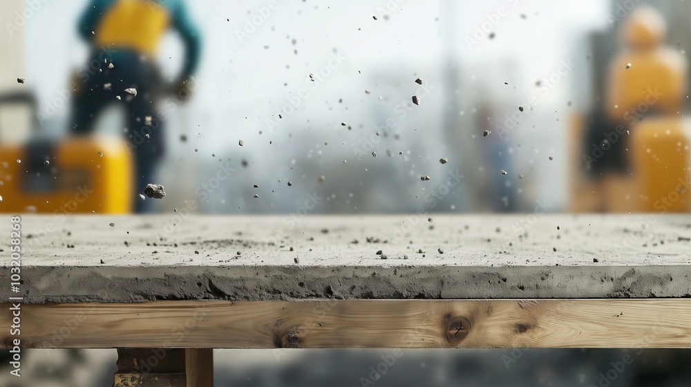 empty wooden table, with a laborer uses a jackhammer to break up a concrete empty wooden table, with a laborer uses a jackhammer to break up a concrete