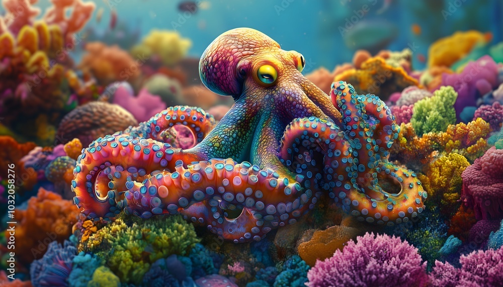 An illustration of a multicolored octopus in a multicolored coral reef An illustration of a multicolored octopus in a multicolored coral reef