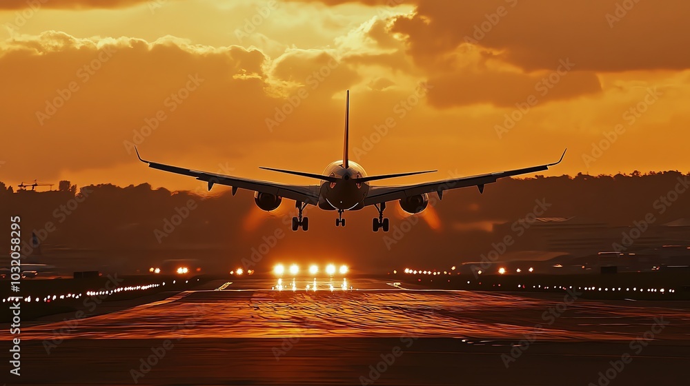 Naklejka premium An airplane landing on a runway at sunset.