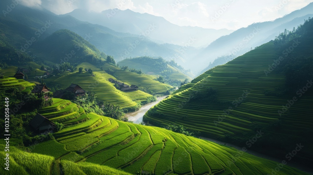 A panoramic view of Thailands rice terraces in the mountains, with detailed fields and greenery. A panoramic view of Thailands rice terraces in the mountains, with detailed fields and greenery.