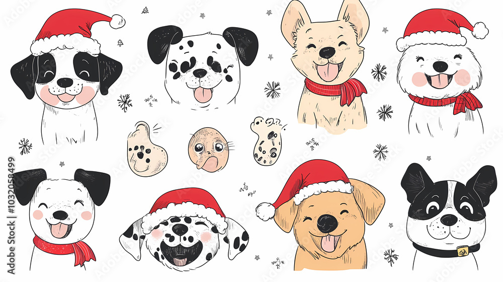 Vector set of cute and smiling dog doodles. Dog faces with flat colors, bows, christmas hats, scarfs, dalmatian, pug, poodle, and beagle on white background. Sticker, comic, and print design. Vector set of cute and smiling dog doodles. Dog faces with flat colors, bows, christmas hats, scarfs, dalmatian, pug, poodle, and beagle on white background. Sticker, comic, and print design.