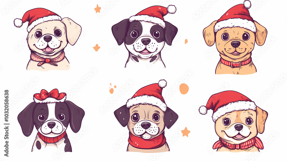 Vector set of cute and smiling dog doodles. Dog faces with flat colors, bows, christmas hats, scarfs, dalmatian, pug, poodle, and beagle on white background. Sticker, comic, and print design. Vector set of cute and smiling dog doodles. Dog faces with flat colors, bows, christmas hats, scarfs, dalmatian, pug, poodle, and beagle on white background. Sticker, comic, and print design.