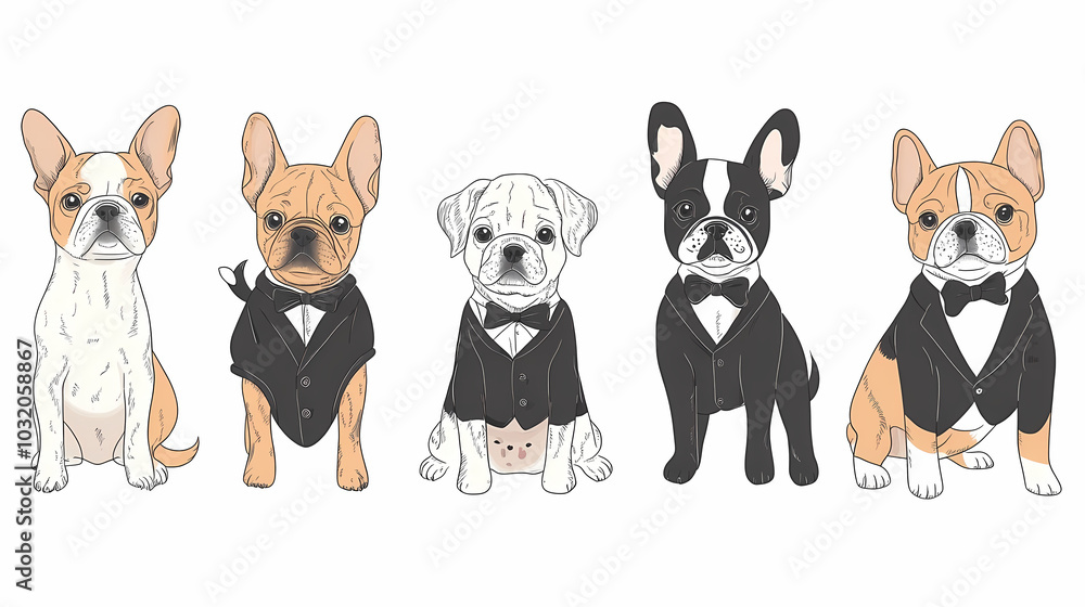 Obraz premium Vector set of cute and smiling dog doodles. Dog faces with flat colors, bows, christmas hats, scarfs, dalmatian, pug, poodle, and beagle on white background. Sticker, comic, and print design.
