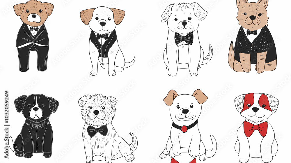 Vector set of cute and smiling dog doodles. Dog faces with flat colors, bows, christmas hats, scarfs, dalmatian, pug, poodle, and beagle on white background. Sticker, comic, and print design. Vector set of cute and smiling dog doodles. Dog faces with flat colors, bows, christmas hats, scarfs, dalmatian, pug, poodle, and beagle on white background. Sticker, comic, and print design.