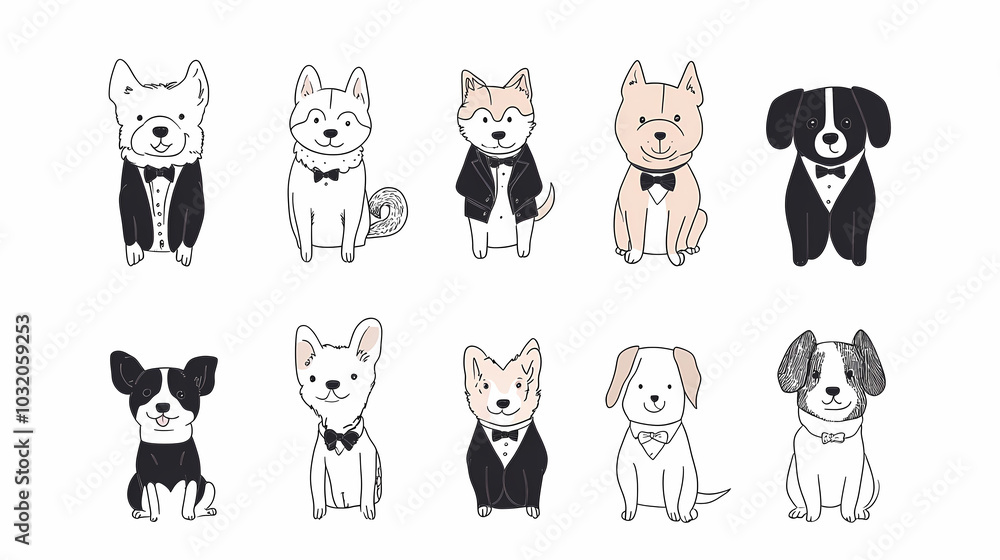 Vector set of cute and smiling dog doodles. Dog faces with flat colors, bows, christmas hats, scarfs, dalmatian, pug, poodle, and beagle on white background. Sticker, comic, and print design. Vector set of cute and smiling dog doodles. Dog faces with flat colors, bows, christmas hats, scarfs, dalmatian, pug, poodle, and beagle on white background. Sticker, comic, and print design.