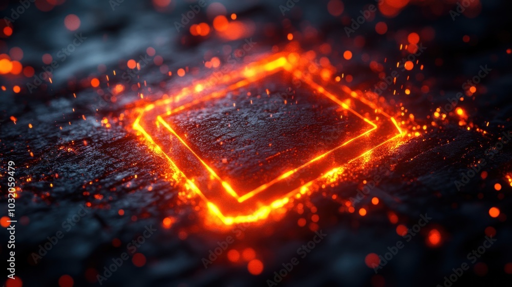 A glowing square frame of fire on a dark, textured surface. A glowing square frame of fire on a dark, textured surface.