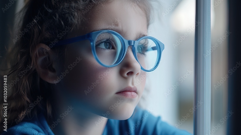 Young child wearing blue glasses focusing on distant tree outside window, symbolizing myopia prevention and importance of outdoor activities. Young child wearing blue glasses focusing on distant tree outside window, symbolizing myopia prevention and importance of outdoor activities.