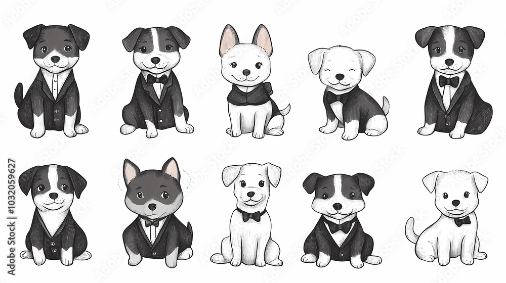 Vector set of cute and smiling dog doodles. Dog faces with flat colors, bows, christmas hats, scarfs, dalmatian, pug, poodle, and beagle on white background. Sticker, comic, and print design. Vector set of cute and smiling dog doodles. Dog faces with flat colors, bows, christmas hats, scarfs, dalmatian, pug, poodle, and beagle on white background. Sticker, comic, and print design.