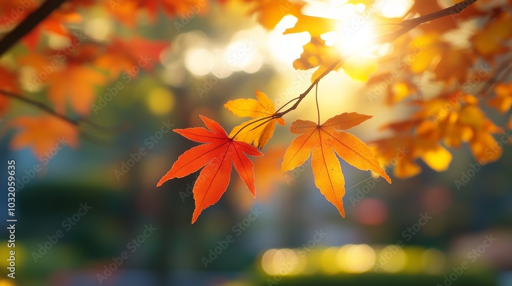 Autumn scene with a vibrant red maple leaf on the forest floor, surrounded by yellow and orange fallen leaves, creating a warm and peaceful seasonal atmosphere