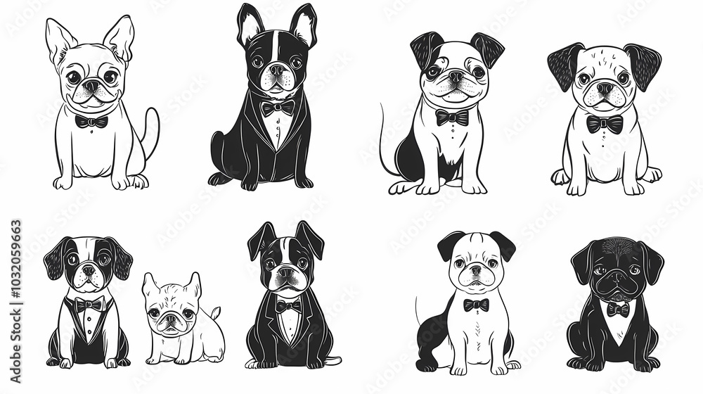 Fototapeta premium Vector set of cute and smiling dog doodles. Dog faces with flat colors, bows, christmas hats, scarfs, dalmatian, pug, poodle, and beagle on white background. Sticker, comic, and print design.