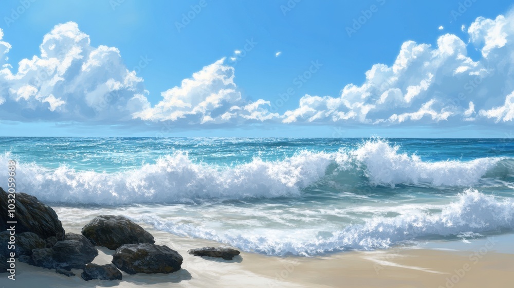 A peaceful ocean shoreline with soft waves gently crashing against smooth rocks, under a bright blue sky. A peaceful ocean shoreline with soft waves gently crashing against smooth rocks, under a bright blue sky.