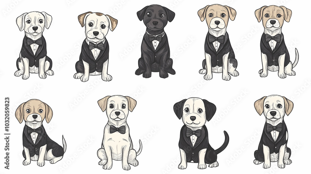 Obraz premium Vector set of cute and smiling dog doodles. Dog faces with flat colors, bows, christmas hats, scarfs, dalmatian, pug, poodle, and beagle on white background. Sticker, comic, and print design.