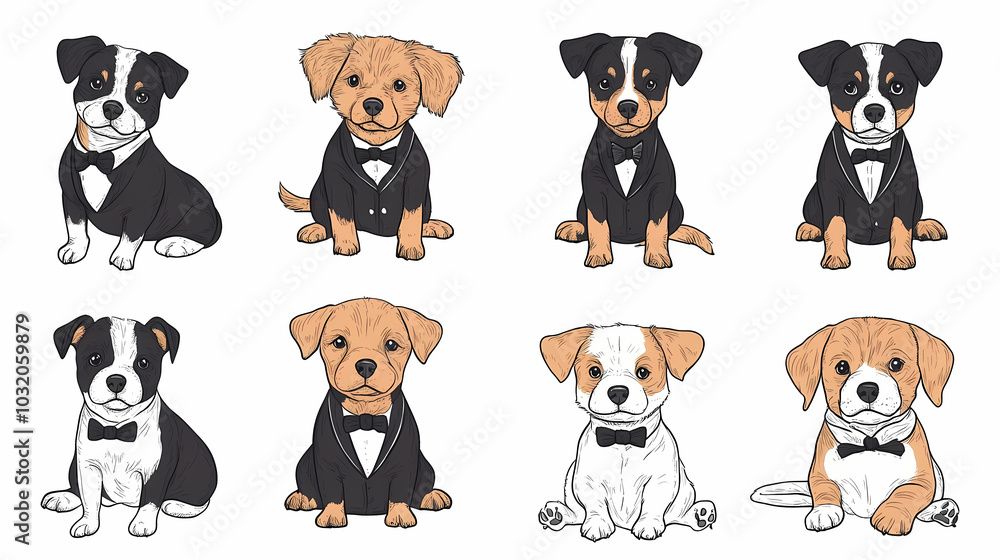Vector set of cute and smiling dog doodles. Dog faces with flat colors, bows, christmas hats, scarfs, dalmatian, pug, poodle, and beagle on white background. Sticker, comic, and print design. Vector set of cute and smiling dog doodles. Dog faces with flat colors, bows, christmas hats, scarfs, dalmatian, pug, poodle, and beagle on white background. Sticker, comic, and print design.