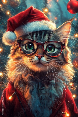 A festive cat wearing glasses and a Santa hat poses in front of a decorated Christmas tree during the holiday season