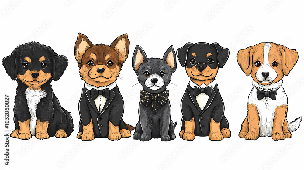 Vector set of cute and smiling dog doodles. Dog faces with flat colors, bows, christmas hats, scarfs, dalmatian, pug, poodle, and beagle on white background. Sticker, comic, and print design. Vector set of cute and smiling dog doodles. Dog faces with flat colors, bows, christmas hats, scarfs, dalmatian, pug, poodle, and beagle on white background. Sticker, comic, and print design.