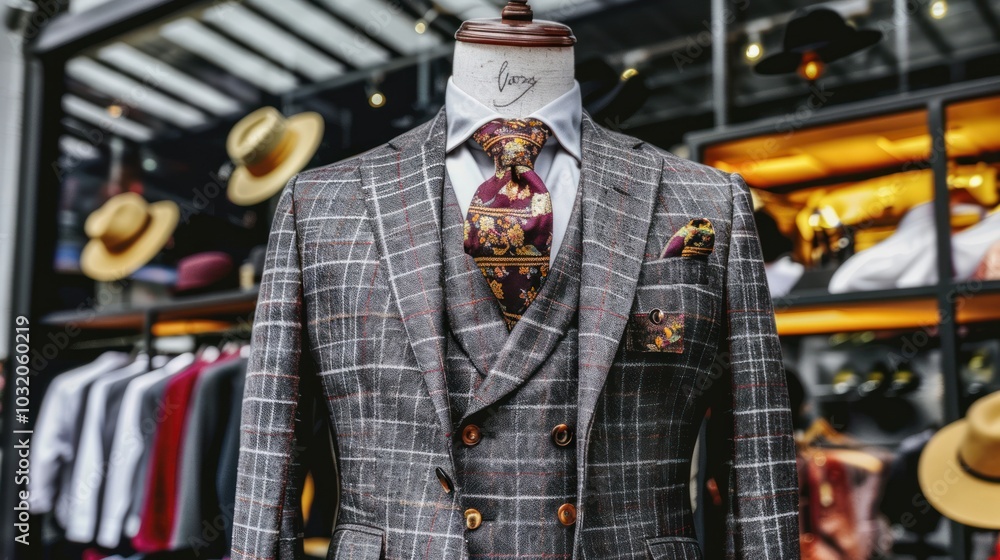 Grey Plaid Suit Jacket with Floral Tie and Pocket Square on a Mannequin Grey Plaid Suit Jacket with Floral Tie and Pocket Square on a Mannequin