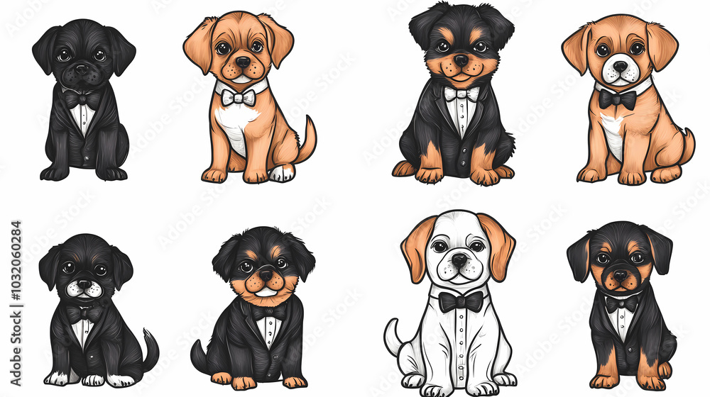 Vector set of cute and smiling dog doodles. Dog faces with flat colors, bows, christmas hats, scarfs, dalmatian, pug, poodle, and beagle on white background. Sticker, comic, and print design. Vector set of cute and smiling dog doodles. Dog faces with flat colors, bows, christmas hats, scarfs, dalmatian, pug, poodle, and beagle on white background. Sticker, comic, and print design.
