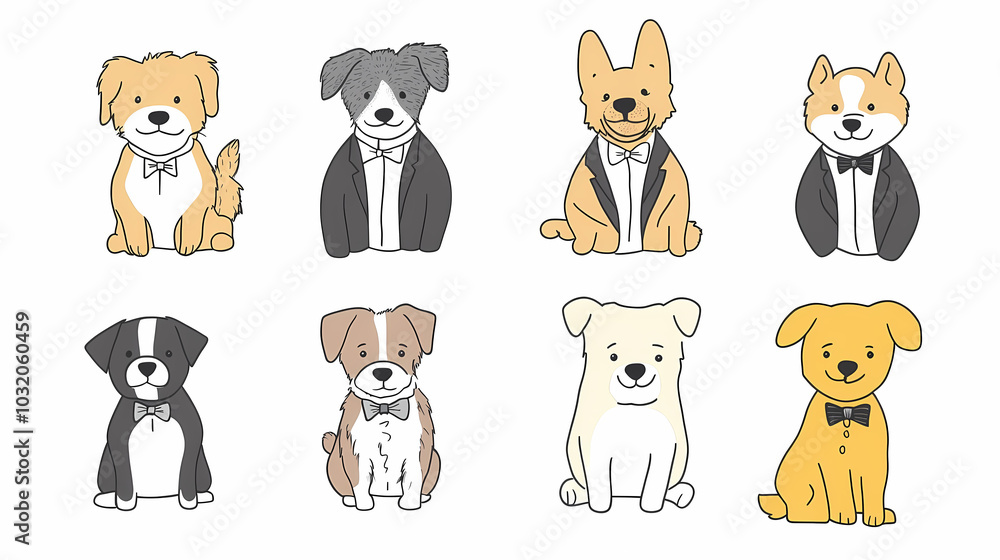 Vector set of cute and smiling dog doodles. Dog faces with flat colors, bows, christmas hats, scarfs, dalmatian, pug, poodle, and beagle on white background. Sticker, comic, and print design. Vector set of cute and smiling dog doodles. Dog faces with flat colors, bows, christmas hats, scarfs, dalmatian, pug, poodle, and beagle on white background. Sticker, comic, and print design.