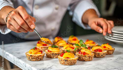 Chef preparing tasty canapes for serving isolated with white highlights, png