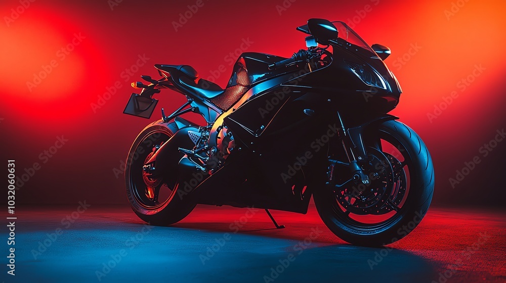 Fototapeta premium A black motorcycle with orange rims in a studio.