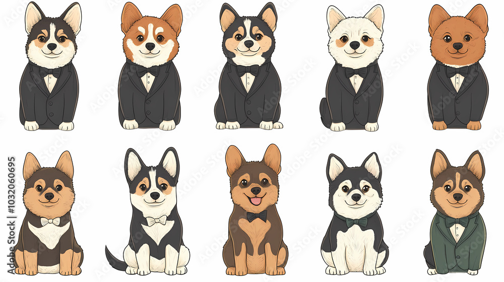 Vector set of cute and smiling dog doodles. Dog faces with flat colors, bows, christmas hats, scarfs, dalmatian, pug, poodle, and beagle on white background. Sticker, comic, and print design. Vector set of cute and smiling dog doodles. Dog faces with flat colors, bows, christmas hats, scarfs, dalmatian, pug, poodle, and beagle on white background. Sticker, comic, and print design.