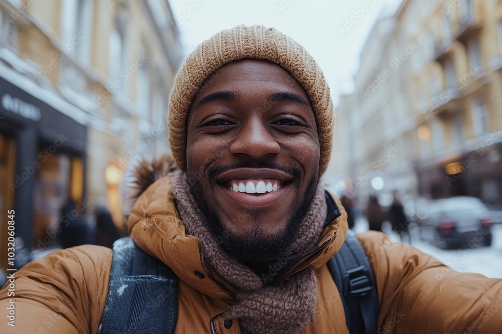 African american man takes a selfie, smiles on the background of the city, Generative AI African american man takes a selfie, smiles on the background of the city, Generative AI
