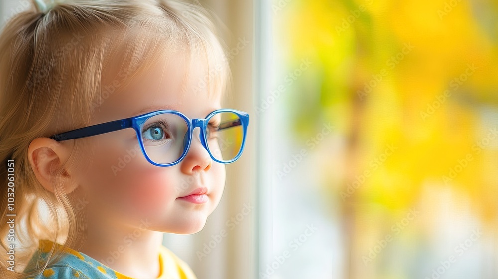 Young child wearing blue glasses focusing on distant tree outside window, symbolizing myopia prevention and importance of outdoor activities. Young child wearing blue glasses focusing on distant tree outside window, symbolizing myopia prevention and importance of outdoor activities.