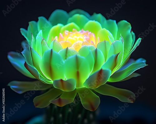 A luminous neon green cactus flower blooming in the night