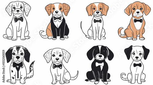 Vector set of cute and smiling dog doodles. Dog faces with flat colors, bows, christmas hats, scarfs, dalmatian, pug, poodle, and beagle on white background. Sticker, comic, and print design.