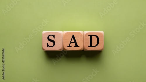 Wooden blocks spell the word "SAD" on a green background, symbolizing the emotion of sadness or unhappiness.