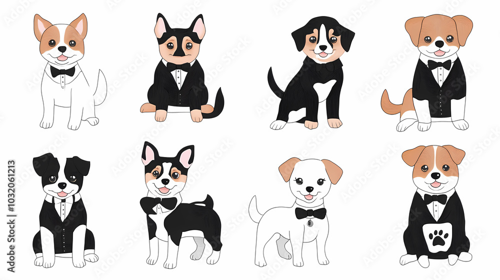 Vector set of cute and smiling dog doodles. Dog faces with flat colors, bows, christmas hats, scarfs, dalmatian, pug, poodle, and beagle on white background. Sticker, comic, and print design. Vector set of cute and smiling dog doodles. Dog faces with flat colors, bows, christmas hats, scarfs, dalmatian, pug, poodle, and beagle on white background. Sticker, comic, and print design.