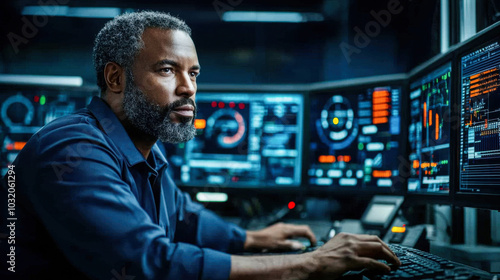 focused man works in high tech control room, analyzing data on multiple screens. His concentration reflects importance of his role in monitoring operations