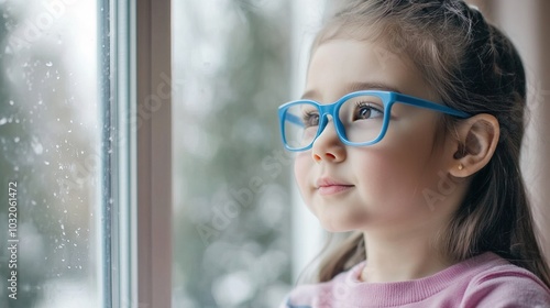 Young child wearing blue glasses focusing on distant tree outside window, symbolizing myopia prevention and importance of outdoor activities.