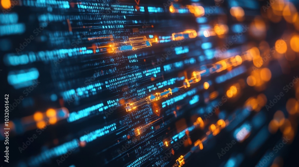 Encrypted data flow visualized on a screen in a dark room, cybersecurity focus Encrypted data flow visualized on a screen in a dark room, cybersecurity focus