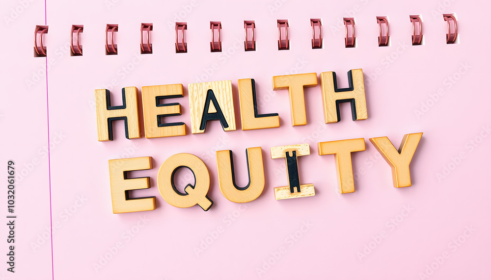 Obraz premium Message health equity with wooden letters on notebook in pink isolated with white highlights, png