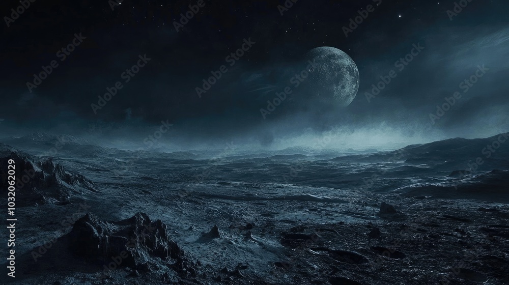 Mysterious Desolate Plains with Craters Under a Stunning Alien Night Sky