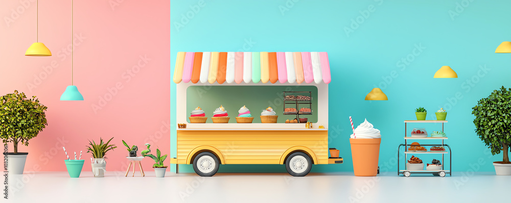 Gourmet dessert food truck, stylish street food scene, colorful city backdrop, 3D illustration Gourmet dessert food truck, stylish street food scene, colorful city backdrop, 3D illustration