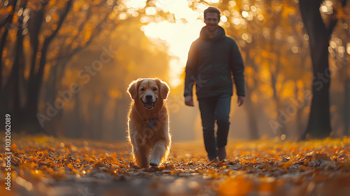 Wallpaper Mural In the summer, a human and his dog walk in a park together, Adorable domestic pets concept, Friendship between humans and their pets Torontodigital.ca