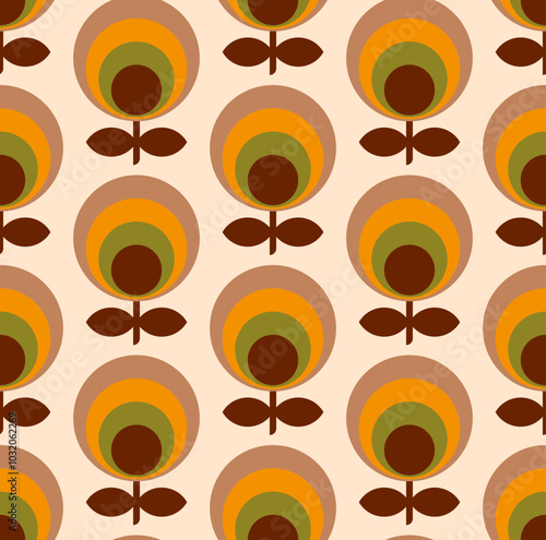 Retro midcentury circle flowers orange brown Vector pattern. Mod flowers mosaic Retro 70s colors, orange yellow, moss green, dark brown, cream, seamless pattern.