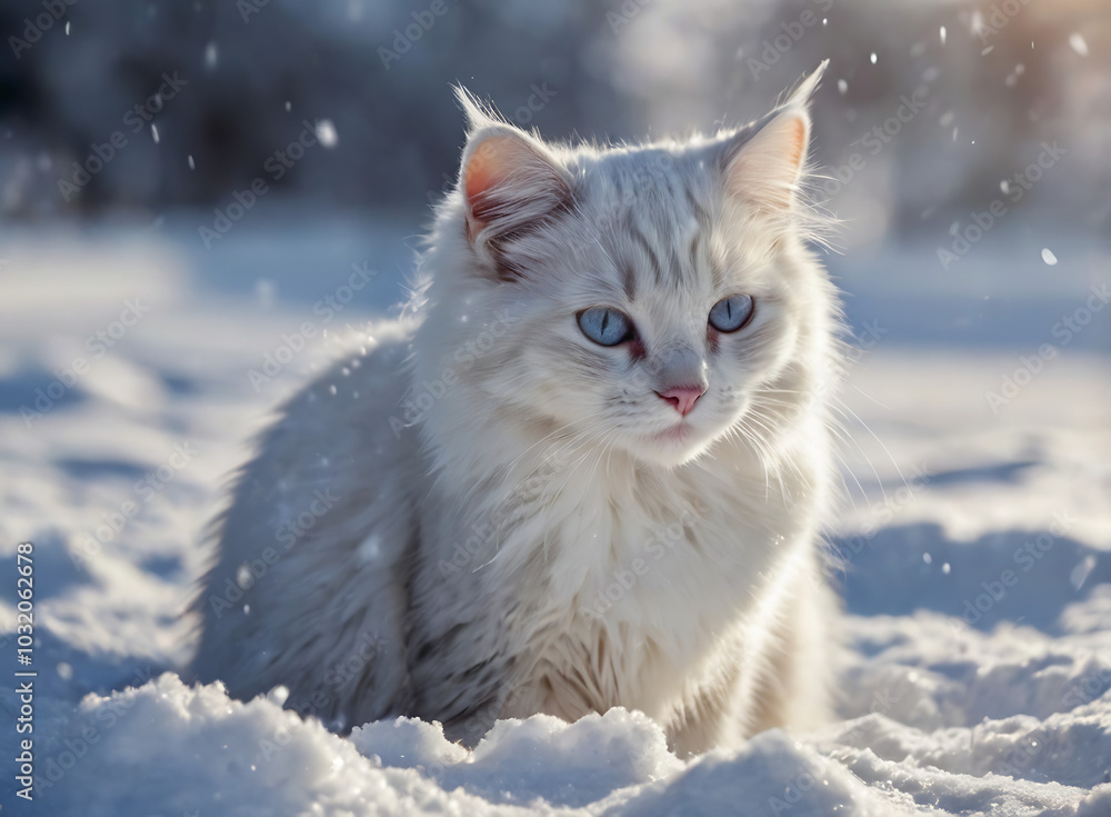 White cat in the snow, winter time White cat in the snow, winter time