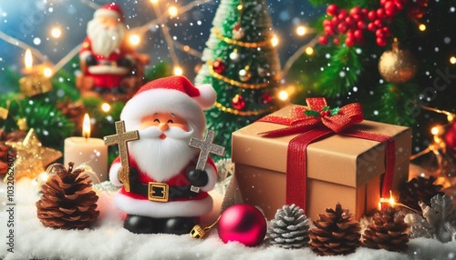 Christmas' Day with gift box and Santa Claus, for Christmas' Day and Happy New Year Day.