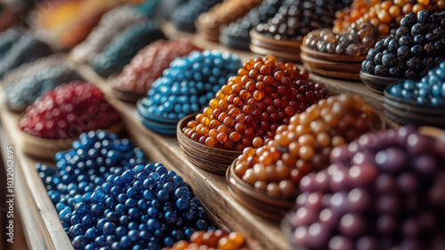 A table full of colorful beads in different shapes and sizes. The beads are arranged in bowls and baskets, creating a vibrant and eye-catching display. The variety of colors