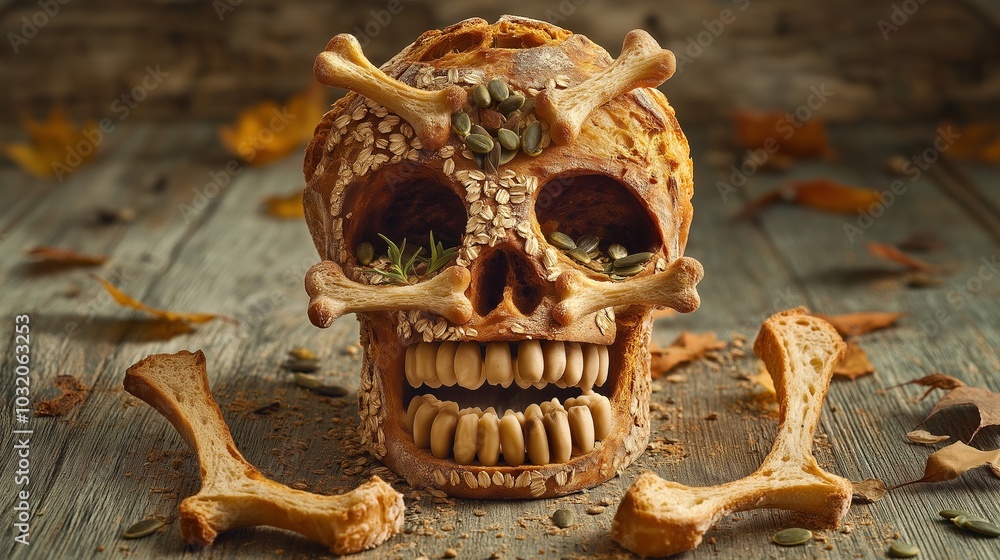 Φωτογραφία A creative Halloween skull made entirely of bread, with bones shaped from slices and details like eyes and teeth formed from seeds and herbs